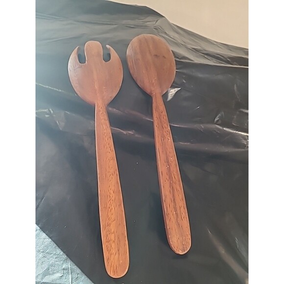 Vintage Wooden  Salad Servers 13" Set of Salad Mixing Dinner Fork & Spoon - Picture 3 of 4
